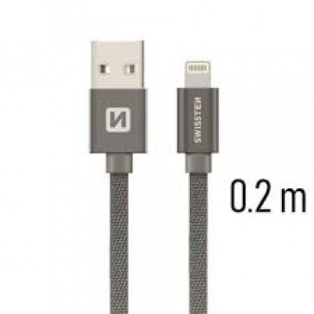 SWISSTEN TEXTILE datový kabel USB - (LIGHTNING) 0.2m šedá 71523102