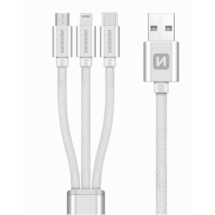 SWISSTEN kabel USB 3v1 microUSB USB-C Lightning MFI 1,2m stříbrná, 72501102