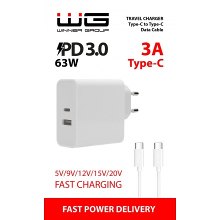 Síťová nabíječka 2xUSB-C/63W (PD45W+QC18W)/5V-9V-12V/cable Type C bílá