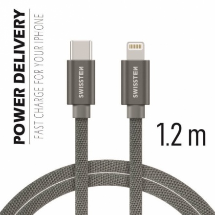 SWISSTEN TEXTILE datový kabel USB-C - (LIGHTNING) 1,2m šedá 71525202