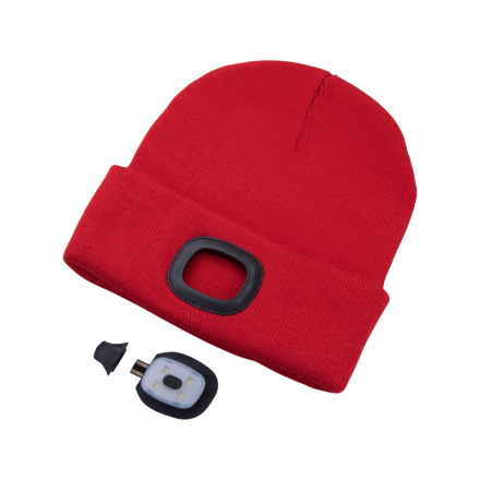 čepice s čelovkou 4x45lm, USB nabíjení, červená, univerzální velikost, 73% acryl a 27% polyester 43198