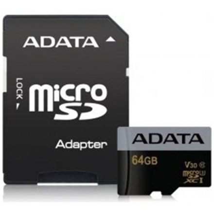 ADATA MicroSDXC 64GB U3 V30G 95/90MB/s + adapter, AUSDX64GUI3V30G-RA1