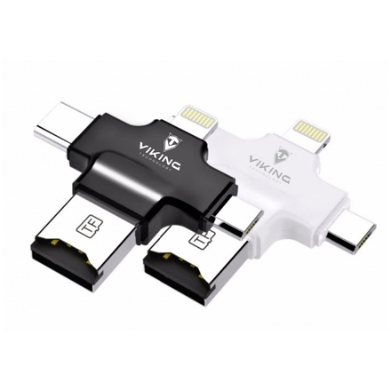 VIKING ČTEČKA PAMĚŤOVÝCH KARET MICRO SD 4V1 S KONC. APPLE LIGHTNING/USB-C/MICRO USB/USB-A, Bílá, VUR4IN1W