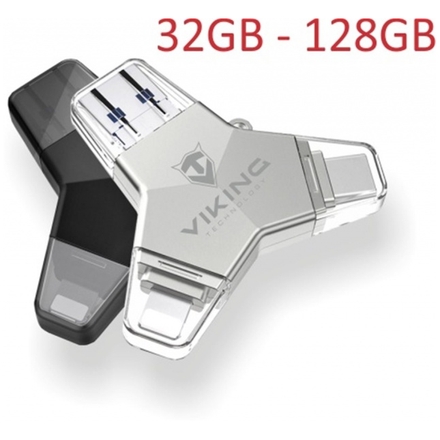 VIKING USB FLASH DISK 3.0 4v1 64GB, S KONCOVKOU APPLE LIGHTNING, USB-C, MICRO USB, USB3.0, stříbrná, VUFII64S