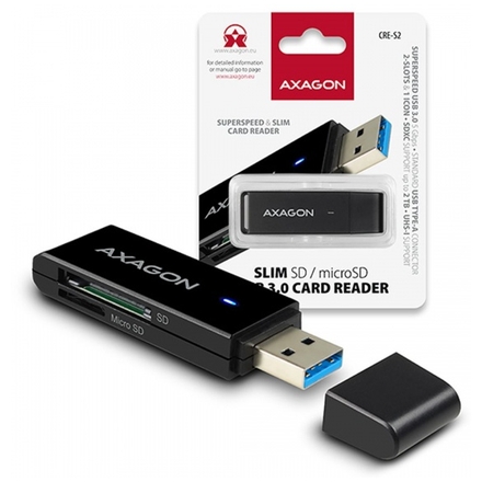 AXAGON CRE-S2, USB 3.0 Type-A - externí SLIM čtečka 2-slot SD/microSD, podpora UHS-I, CRE-S2