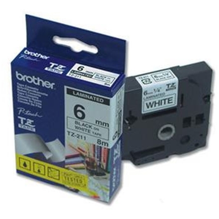 BROTHER TZE-211,  bílá/černá, 6mm, TZE211