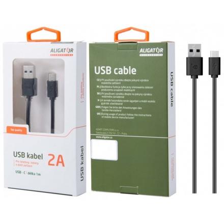 ALIGATOR Datový kabel , USB-C, 2A, 1m, prodloužený konektor 9mm, černý, DKAC82BK