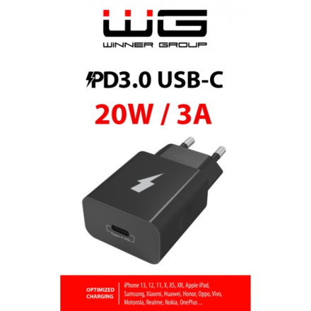 Síťová nabíječka 1xUSB-C-PD 20W 5V-9V-12V (Bez kabelu) (Černá), 7948