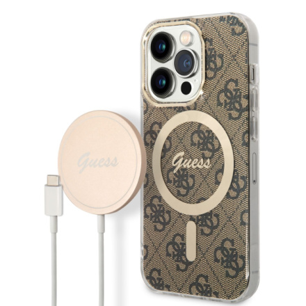 Guess 4G MagSafe Kompatibilní Zadní Kryt + Bezdrátová Nabíječka pro iPhone 14 Pro Brown, BUGUHMP14LH4EACSW