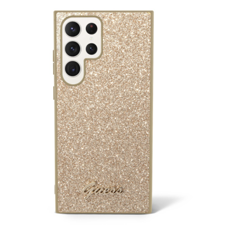 Guess PC/TPU Glitter Flakes Metal Logo Zadní Kryt pro Samsung Galaxy S23 Ultra Gold, GUHCS23LHGGSHD