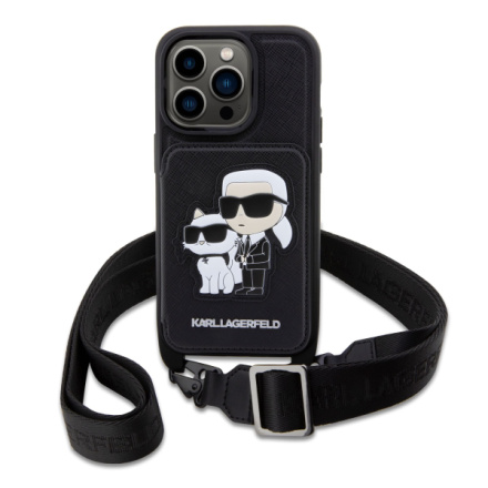 Karl Lagerfeld Saffiano Crossbody Popruh Karl and Choupette NFT Kryt pro iPhone 14 Pro Black, KLHCP14LCSAKCPMK