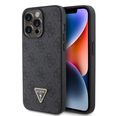 Guess PU 4G Strass Triangle Metal Logo Zadní Kryt pro iPhone 15 Pro Max Black, GUHCP15XP4TDPK