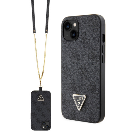 Guess PU 4G Strass Triangle Metal Logo Zadní Kryt + Crossbody Popruh pro iPhone 15 Black, GUHCP15SP4TDSCPK