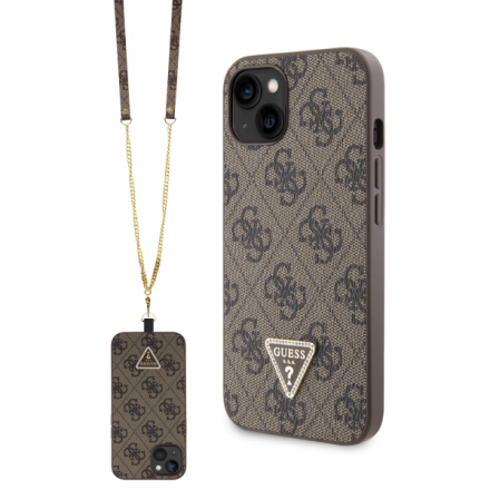 Guess PU 4G Strass Triangle Metal Logo Zadní Kryt + Crossbody Popruh pro iPhone 15 Brown, GUHCP15SP4TDSCPW