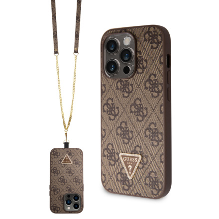 Guess PU 4G Strass Triangle Metal Logo Zadní Kryt + Crossbody Popruh pro iPhone 15 Pro Brown, GUHCP15LP4TDSCPW