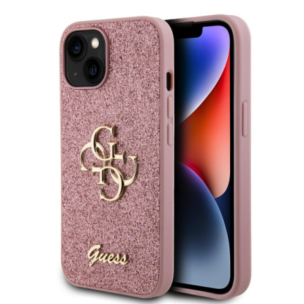 Guess PU Fixed Glitter 4G Metal Logo Zadní Kryt pro iPhone 15 Pink, GUHCP15SHG4SGP