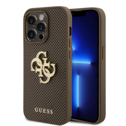 Guess PU Perforated 4G Glitter Metal Logo Zadní Kryt pro iPhone 15 Pro Taupe, GUHCP15LPSP4LGE