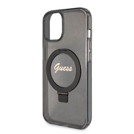 Guess IML Ring Stand Glitter MagSafe Zadní Kryt pro iPhone 15 Black, GUHMP15SHRSGSK