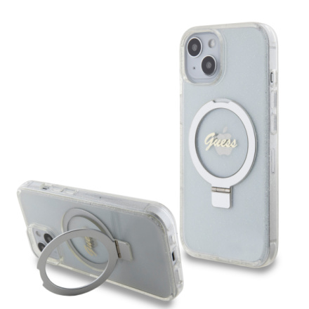 Guess IML Ring Stand Glitter MagSafe Zadní Kryt pro iPhone 15 Transparent, GUHMP15SHRSGSD