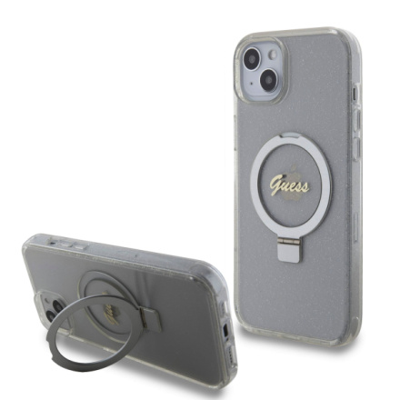 Guess IML Ring Stand Glitter MagSafe Zadní Kryt pro iPhone 15 Plus Transparent, GUHMP15MHRSGSD