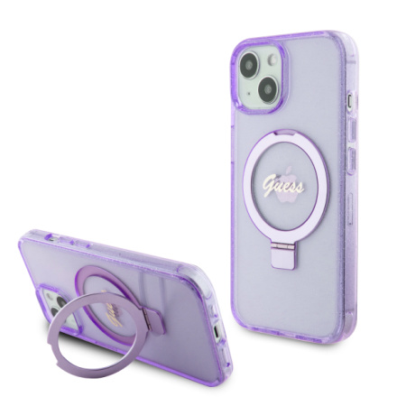 Guess IML Ring Stand Glitter MagSafe Zadní Kryt pro iPhone 15 Purple, GUHMP15SHRSGSU