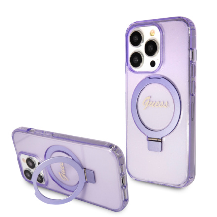 Guess IML Ring Stand Glitter MagSafe Zadní Kryt pro iPhone 15 Pro Purple, GUHMP15LHRSGSU