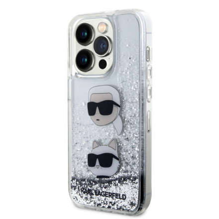 Karl Lagerfeld Liquid Glitter Karl and Choupette Head Zadní Kryt pro iPhone 15 Pro Silver, KLHCP15LLDHKCNS