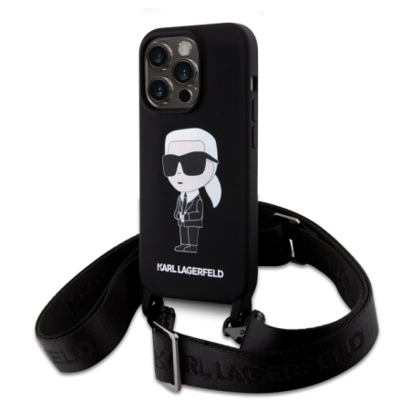 Karl Lagerfeld Liquid Silicone Crossbody Ikonik Zadní Kryt pro iPhone 15 Pro Black, KLHCP15LSCBSKNK