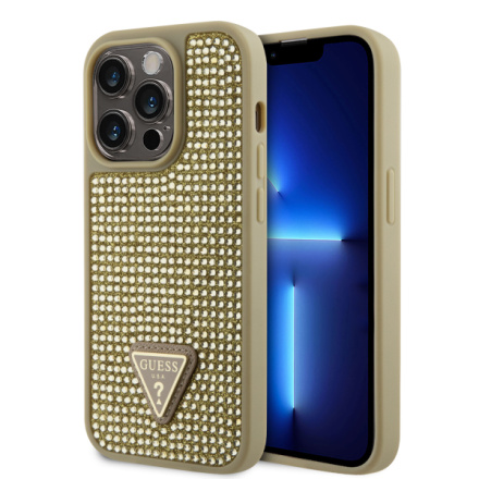 Guess Rhinestones Triangle Metal Logo Kryt pro iPhone 15 Pro Gold, GUHCP15LHDGTPD