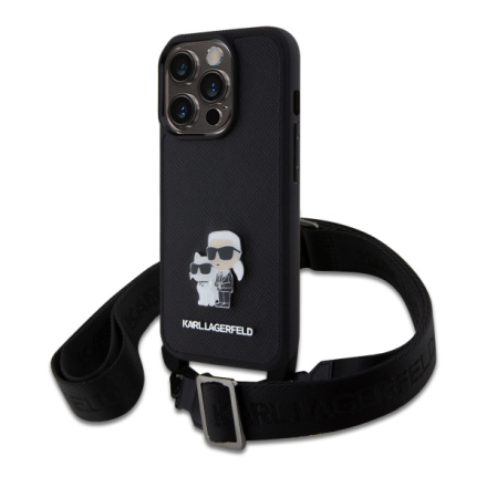 Karl Lagerfeld Saffiano Crossbody Metal Karl and Choupette Zadní Kryt pro iPhone 15 Pro Black, KLHCP15LSAKCPBK