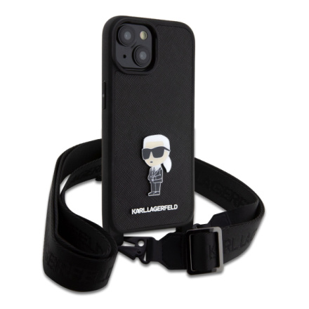 Karl Lagerfeld Saffiano Crossbody Metal Ikonik Zadní Kryt pro iPhone 15 Plus Black, KLHCP15MSASKNPBK