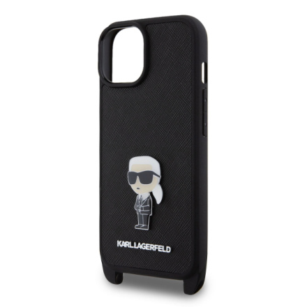 Karl Lagerfeld Saffiano Crossbody Metal Ikonik Zadní Kryt pro iPhone 15 Plus Black, KLHCP15MSASKNPBK