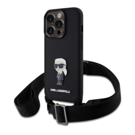 Karl Lagerfeld Saffiano Crossbody Metal Ikonik Zadní Kryt pro iPhone 15 Pro Black, KLHCP15LSASKNPBK