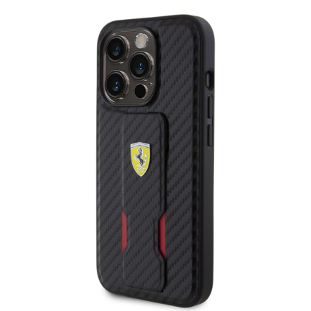 Ferrari Carbon Grip Stand Zadní Kryt pro iPhone 15 Pro Black, FEHCP15LGSNCAK