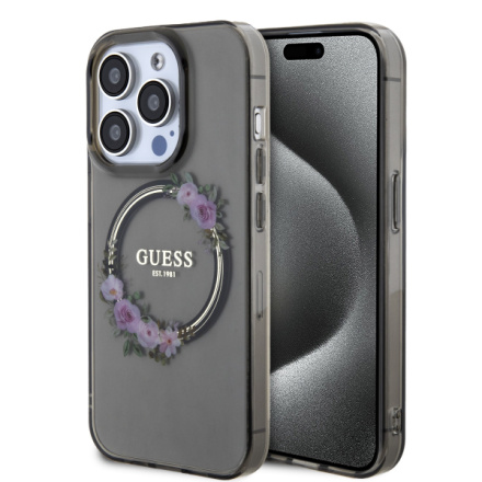 Guess PC/TPU Flowers Ring Glossy Logo MagSafe Zadní Kryt pro iPhone 13 Pro Max Black , GUHMP13XHFWFCK