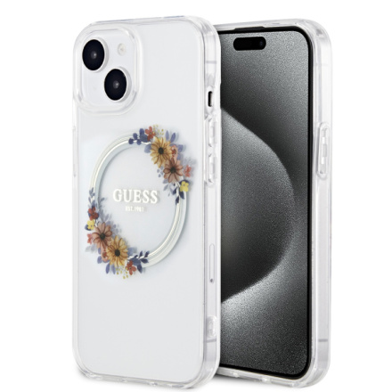 Guess PC/TPU Flowers Ring Glossy Logo MagSafe Zadní Kryt pro iPhone 13 Transparent, GUHMP13MHFWFCT