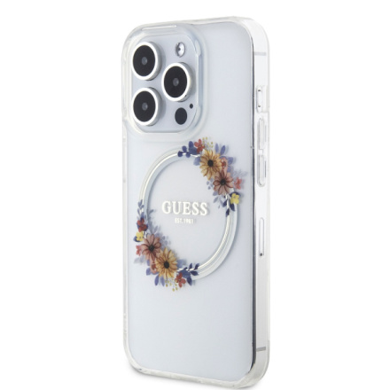 Guess PC/TPU Flowers Ring Glossy Logo MagSafe Zadní Kryt pro iPhone 15 Pro Max Transparent, GUHMP15XHFWFCT