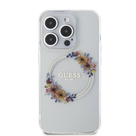 Guess PC/TPU Flowers Ring Glossy Logo MagSafe Zadní Kryt pro iPhone 15 Pro Max Transparent, GUHMP15XHFWFCT