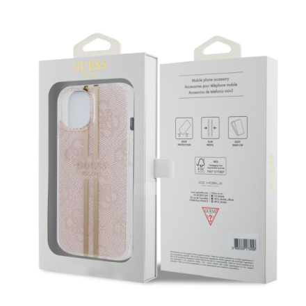 Guess IML 4G Gold Stripe Zadní Kryt pro iPhone 15 Pink, GUHCP15SH4PSEGP