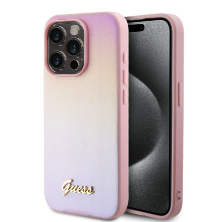 Guess PU Leather Iridescent Metal Script Zadní Kryt pro iPhone 15 Pro Max Pink, GUHCP15XPSAIRSP