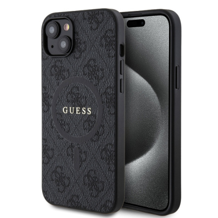Guess PU Leather 4G Colored Ring MagSafe Zadní Kryt pro iPhone 15 Plus Black, GUHMP15MG4GFRK