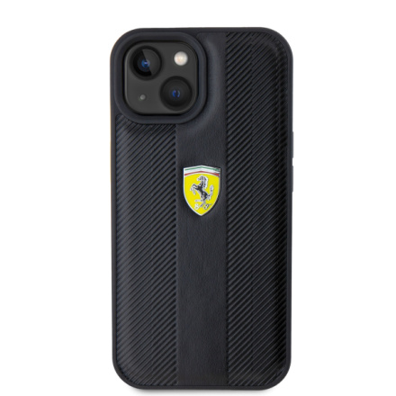 Ferrari PU Leather Hot Stamp Groove Pattern Zadní Kryt pro iPhone 15 Black, FEHCP15SP3GRK