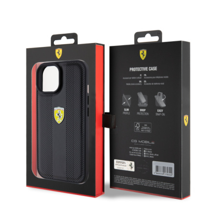 Ferrari PU Leather Hot Stamp Groove Pattern Zadní Kryt pro iPhone 15 Black, FEHCP15SP3GRK