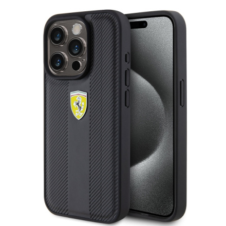 Ferrari PU Leather Hot Stamp Groove Pattern Zadní Kryt pro iPhone 15 Pro Black, FEHCP15LP3GRK