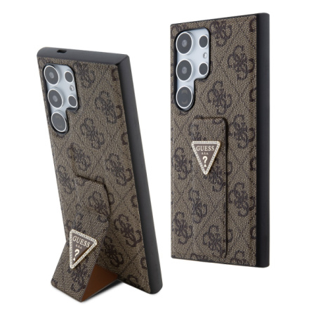 Guess PU Grip Stand 4G Strass Triangle Metal Logo Zadní Kryt pro Samsung Galaxy S24 Ultra  Brown, GUHCS24LPGS4TDW