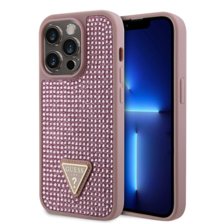 Guess Rhinestones Triangle Metal Logo Kryt pro iPhone 15 Pro Pink (Pošk. Balení), 57983118191