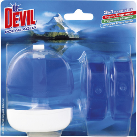 Dr. Devil 3v1 Polar Aqua tekutý WC blok, košíček + náplň 3× 55 ml