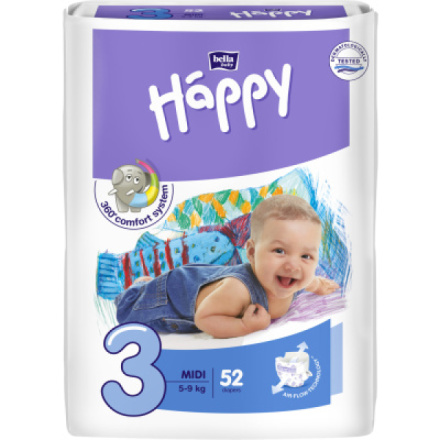 Bella Happy Midi 3 dětské pleny jednorázové 5-9 kg, 52 ks