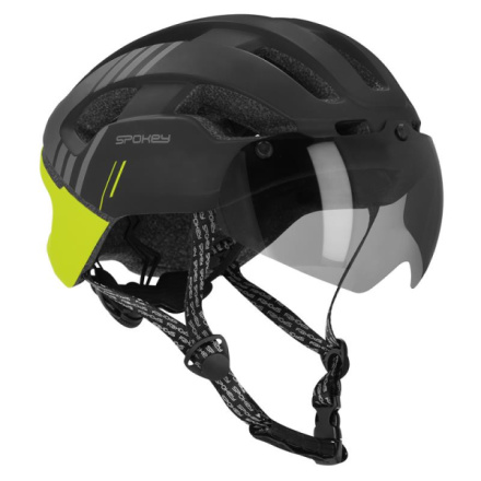 Spokey POINTER SPEED Cyklistická přilba s LED blikačkou a ochranným odnímatelným štítem IN-MOLD, 58-61 cm, černo-zelená, 5905339412621