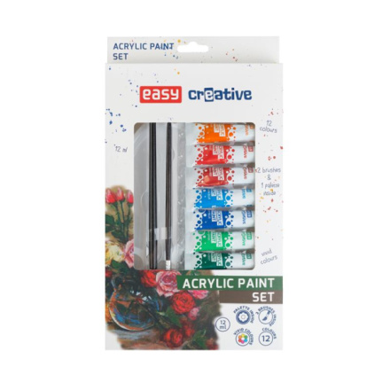 Akrylové barvy 12 ml SET - 12 barev, 2 štětce, paleta, S923458